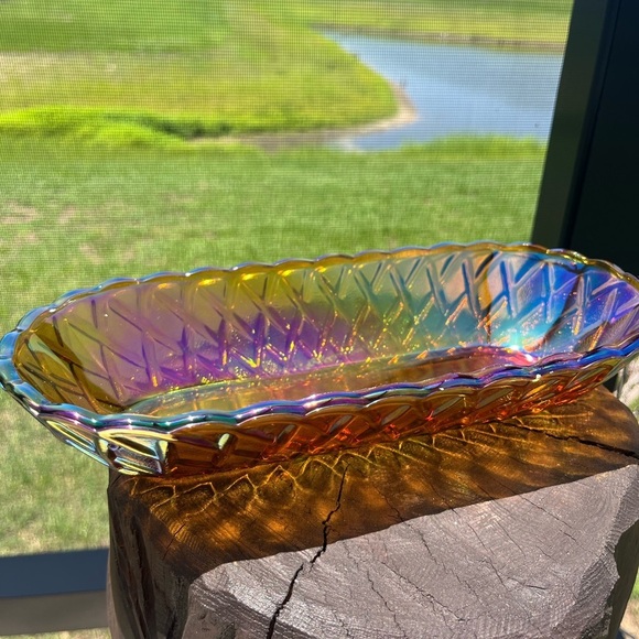VTG Iridescent Carnival Glass Marigold Bread/ Nut Basket - Picture 11 of 12